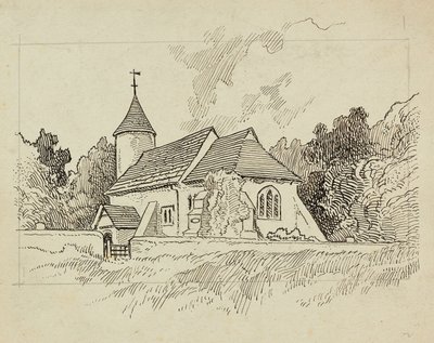 Wygląd zewnętrzny niezidentyfikowanego kościoła (pióro i atrament na papierze) autorstwa Charles George Harper