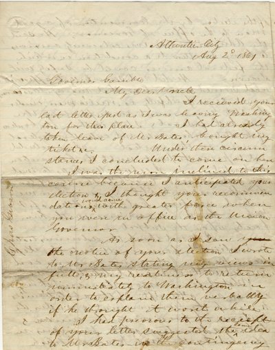 List podpisany C. Gibsona [Charles Gibson], Atlantic City, do gubernatora Gamble [Hamilton R. Gamble], 2 sierpnia 1861 autorstwa Charles Gibson