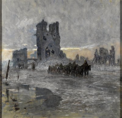 Transporty konne, prawdopodobnie pociąg artyleryjski, mijając zrujnowane Sukiennice, Ypres autorstwa Charles Gilbert Holiday