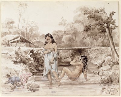 Kąpiel Tahiti, 1844 (pióro i pranie na papierze) autorstwa Charles Giraud