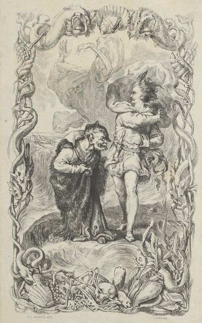 Ilustracja do Burzy: Kaliban, Ferdynand i Ariel, 1836. autorstwa Charles Gray