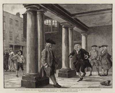 Kolumnada pod Ratuszem, Rochester, Hogarth i inni Pielgrzymi bawiący się w Gra w klasy na płytach chodnikowych autorstwa Charles Green