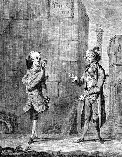 Francuski Petit Maitre i jego lokaj, koniec XVIII wieku. autorstwa Charles Grignion