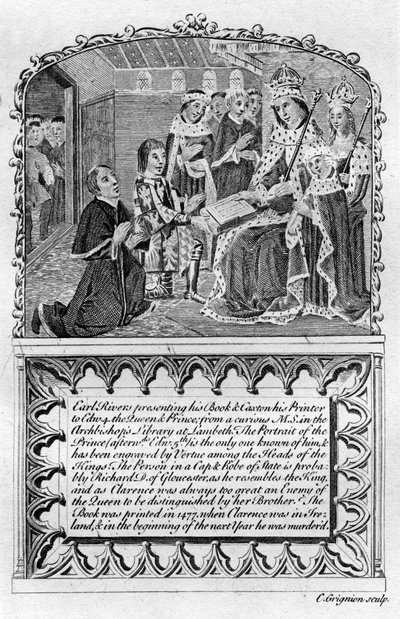 Earl Rivers przedstawia swoją książkę królowi Edwardowi IV, ok. 1477, koniec XVIII lub początek XIX wieku autorstwa Charles Grignion