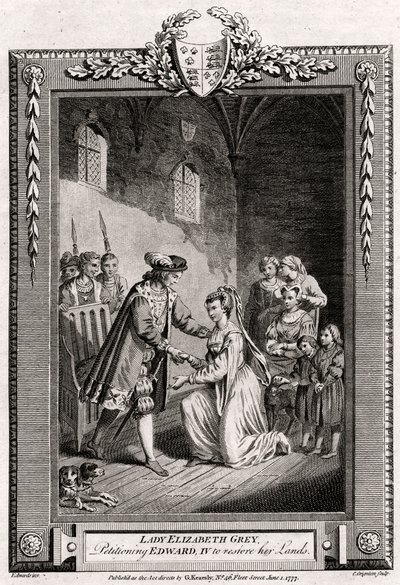 Lady Elżbieta Grey, prosząc Edwarda IV o przywrócenie jej ziem, XV wiek, 1777 autorstwa Charles Grignion