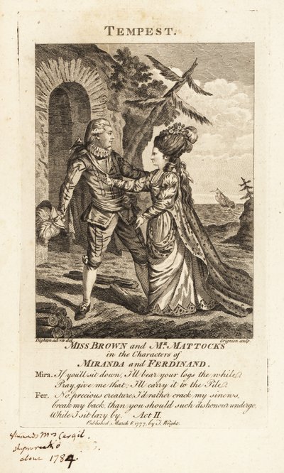 Miss Ann Brown i George Mattocks w postaciach Mirandy i Ferdynanda w operowej wersji Burzy Williama Szekspira, Covent Garden Theater autorstwa Charles Grignion