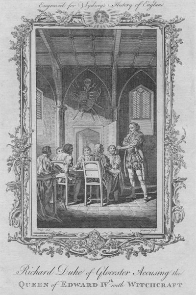 Richard Duke of Gloucester oskarżający królową Edwarda IV o czary, 1773. autorstwa Charles Grignion