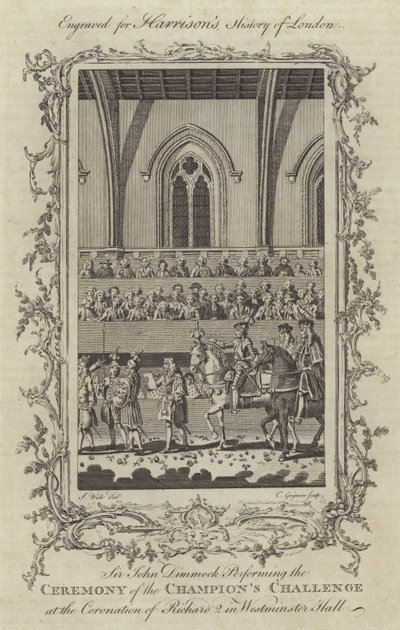 Sir John Dimmock podczas ceremonii mistrzów podczas koronacji Ryszarda II w Westminster Hall, 1377 autorstwa Charles Grignion