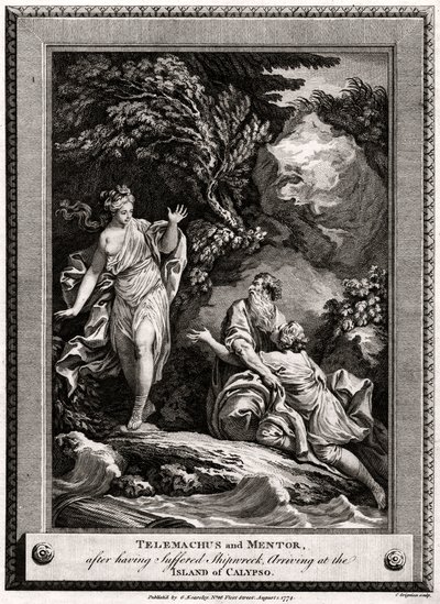 Telemach i Mentor, po rozbiciu statku, przybywają na wyspę Calypso, 1774 autorstwa Charles Grignion