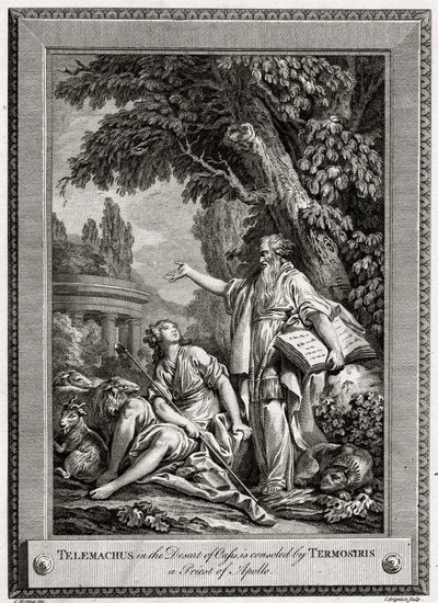 Telemach, na pustyni Oasis, jest pocieszany przez Termosirisa, kapłana Apolla, 1774. autorstwa Charles Grignion