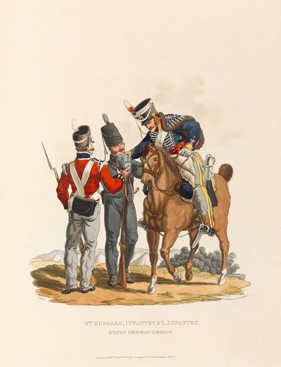„3rd Hussars, piechota i lekka piechota. Niemiecki Legion Królewski”, ok. 1815 (akwatinta) autorstwa Charles Hamilton (after) Smith