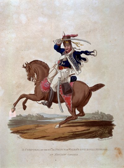 Kapral dziesiątego pułku lub Królewski Huzar Huzarów Własnych Księcia Walii w Rewizji Orderu, z „Kostiumy Armii Imperium Brytyjskiego, zgodnie z ostatnimi przepisami z 1812 r.”, wyryty przez J.C. Stadlera, pub. autorstwa Charles Hamilton Smith