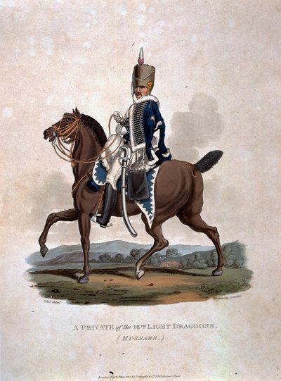 Szeregowiec 18. Pułku Lekkich Dragonów (Hussars) z „Kostium Armii Imperium Brytyjskiego, według ostatnich przepisów z 1812 r.”, sztych. J.C. Stadler, wyd. Colnaghi und Co. 1812-15 autorstwa Charles Hamilton Smith