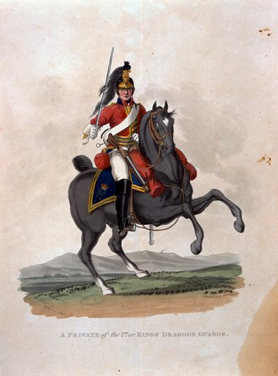 Szeregowiec 1. Królewskiej Gwardii Dragońskiej, z "Costumes of the Army of the British Empire, according to the last regulations 1812", rytowane przez J.C. Stadlera, opublikowane przez Colnaghi und Co. 1812-15 autorstwa Charles Hamilton Smith
