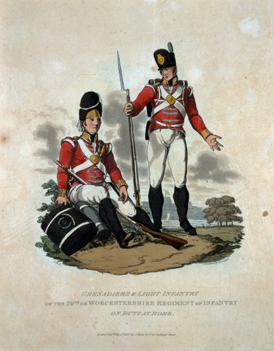 Grenadierzy i Lekka Piechota z 29 Pułku Piechoty Worcestershire na służbie w kraju, z „Kostiumy Armii Imperium Brytyjskiego, według ostatnich przepisów z 1812 r.”, grawerowane b autorstwa Charles Hamilton Smith
