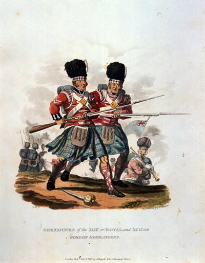 Grenadierzy 42. (lub Royal) i 141. lub, Gordon Highlanders, z "Costumes of the Army of the British Empire, according to the last regulations 1812", rytowane przez J.C. Stadlera, opublikowane przez Co. autorstwa Charles Hamilton Smith