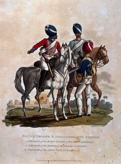 Oddziały tubylcze, Służba Kompanii Wschodnioindyjskiej, Oddziały Gwardii Gubernatora Generalnego, Szeregowcy Regularni Bengalscy, z "Kostiumów Armii Imperium Brytyjskiego, zgodnie z ostatnią rewizją". autorstwa Charles Hamilton Smith