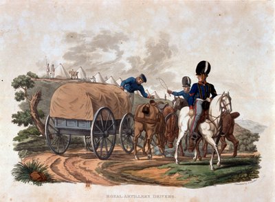 Royal Artillery Drivers, z „Kostiumy armii Imperium Brytyjskiego według ostatnich przepisów z 1812 r.”, sztychowane przez J.C. Stadlera, wyd. Colnaghi und Co. 1812-15 (akwatinta kolorowa) autorstwa Charles Hamilton Smith