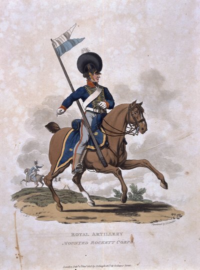 Royal Artillery Mounted Rockett Corps, z „Kostiumy armii Imperium Brytyjskiego, zgodnie z ostatnimi przepisami z 1812 roku”, sztychowane przez J.C. Stadlera, wydane przez Colnaghi und Co. 1812-15 (kolor autorstwa Charles Hamilton Smith
