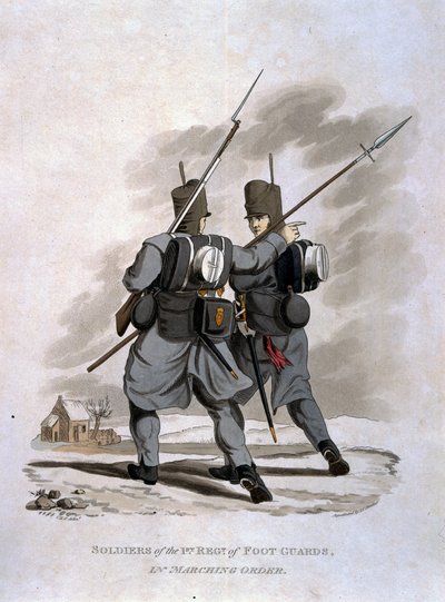Żołnierze 1 Pułku Gwardii Pieszej w Rozkazie Marszowym, z „Kostiumy Armii Imperium Brytyjskiego, według ostatnich przepisów 1812”, ryt. J.C. Stadler, wyd. Colnagh autorstwa Charles Hamilton Smith
