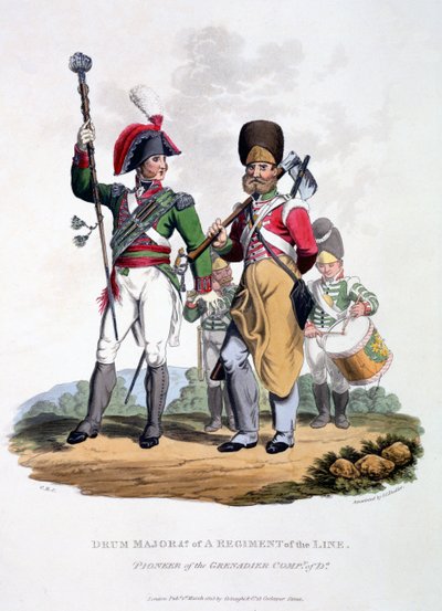 Mundury bębniarza pułku liniowego – pioniera kompanii grenadierów, z „Kostium Imperium Brytyjskiego według ostatnich przepisów”, wydanego w 1815 r. (akwatinta ręcznie kolorowana) autorstwa Charles Hamilton Smith