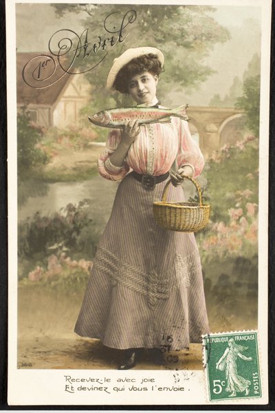 Stara pocztówka/Kwiecień Ryba/Kobieta Belle Epoque autorstwa Augustus Kollner