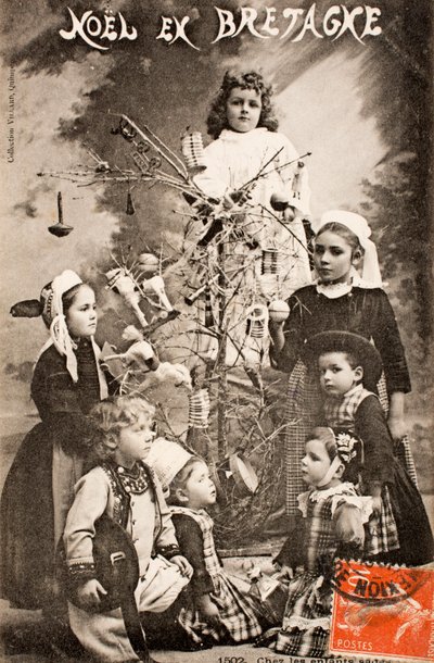 Stara pocztówka/Wesołych Świąt/mądre dzieci/Bretania/Francja! autorstwa Augustus Kollner