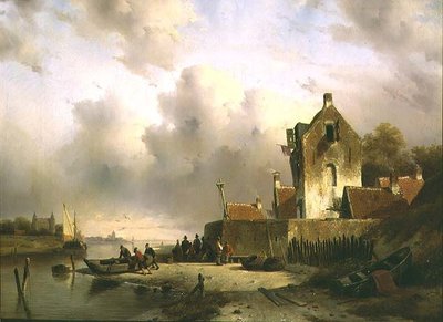 Ujście z rybakami przy nabrzeżu autorstwa Charles Henri Joseph Lieckert