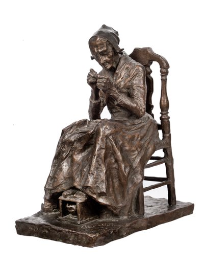 Stara kobieta naprawia swoją pościel (brąz) autorstwa Charles Henri Marie van Wijk
