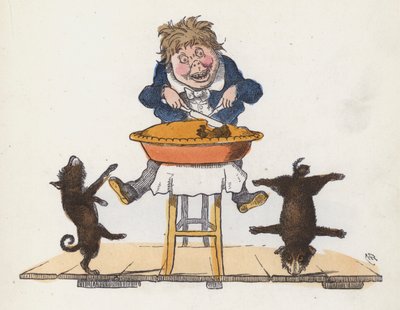 Chłopiec je ciasto, podczas gdy jego pies wykonuje akrobacje (kolorowy grawerunek) autorstwa Charles Henry (after) Bennett