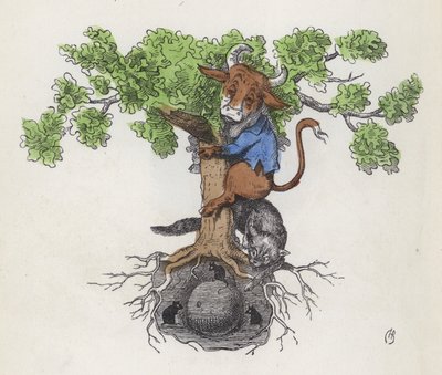 Zakrwawić drzewo nad kotem polując na myszy jedzące ser (kolorowy grawerunek) autorstwa Charles Henry (after) Bennett