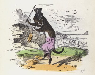 Francuska łasica grająca na skrzypcach i tańcząca (kolorowy grawerunek) autorstwa Charles Henry (after) Bennett