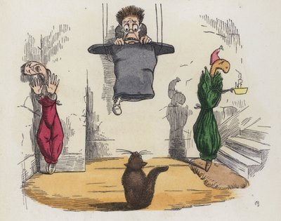 Mężczyzna zwisający z sufitu w kapeluszu, bo boi się kota (kolorowy grawerunek) autorstwa Charles Henry (after) Bennett