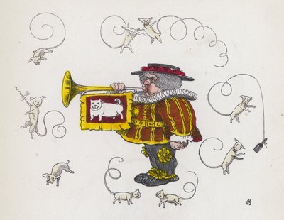 Wołacz miejski dmący w trąbę w otoczeniu psów z kręconymi ogonami (kolorowy grawerunek) autorstwa Charles Henry (after) Bennett