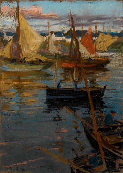 Wieczorna poświata z różanym szlakiem w cieniu (Łodzie Concarneau) autorstwa Charles Henry Fromuth
