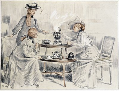 Panie pijące herbatę wokół małego samowara - rysunek Henri Tenré, ok. 1900 r. 1910 autorstwa Charles Henry Tenre
