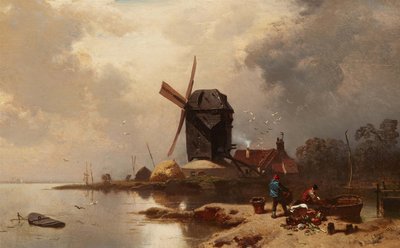 niemiecki: Bockwindmühle an einem Seeufer Słupowy młyn na brzegu jeziora autorstwa Charles Hoguet