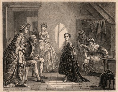 Dzieciństwo Mademoiselle Clairon: młoda Claire-Josephe (Claire Josephe) Leris (1723-1803) recytuje wersety ze sztuki, którą właśnie obejrzała. Została komikiem pod pseudonimem „Mademoiselle Clairon” lub „La Clairon”. Grawer z 1862 r. z painti autorstwa Charles Housez