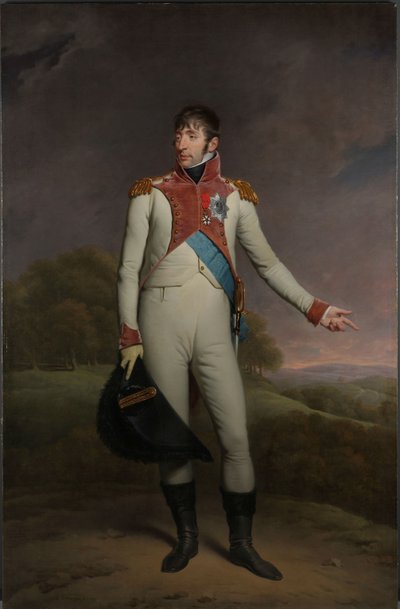 Portret Ludwika Napoleona, króla Holandii Ludwik Napoleon (1778-1846), król Holandii od 1806 do 1810 r., w mundurze pieszego ratownika, odznaczony Krzyżem Wielkim Królewskiego Orderu Związku Holandii i Krzyżem Oficerskim L autorstwa Charles Howard Hodges