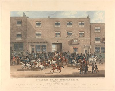 Pogoń za przeszkodami [zestaw sześciu]: St. Albans Grand Steeple Chase. / 8 marca 1832. Tablica 1. Przygotowanie do startu... autorstwa Charles Hunt