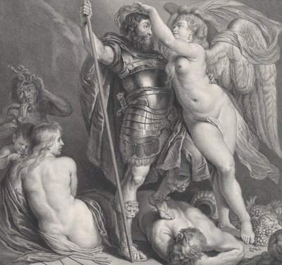 Bohater ukoronowany Zwycięstwem, który nakłada na głowę wieniec laurowy, Wenus i Kupidyn o..., ok. godz. 1735-61. autorstwa Charles Hutin
