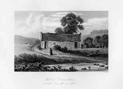 Mill w Bannockburn, w którym Jakub III Szkocki zginął w 1488, 1840 roku. autorstwa Charles J. Smith