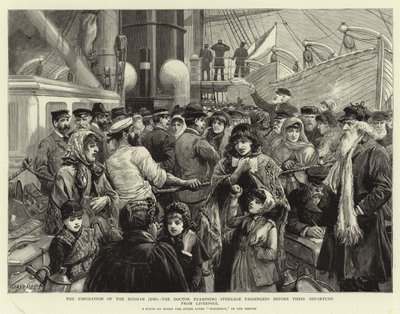 Emigracja rosyjskich Żydów, lekarz badający pasażerów ze sterówką przed ich odlotem z Liverpoolu autorstwa Charles J. Staniland