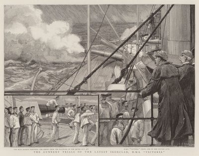 Próby artyleryjskie ostatniego żelaznego okrętu, HMS Victoria autorstwa Charles J. Staniland