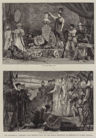 Historyczne Tableaux i Bal Kostiumowy Królewskiego Instytutu Malarzy w Akwareli autorstwa Charles J. Staniland