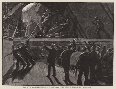 Manewry morskie, podnoszenie w parowej łodzi pikietowej na pokładzie HMS Conqueror autorstwa Charles J. Staniland