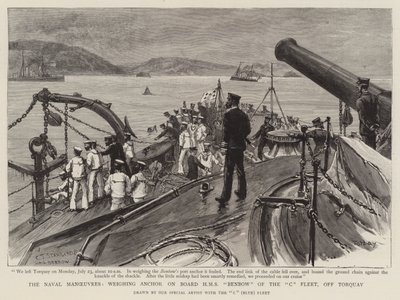 Manewry Marynarki Wojennej, ważenie kotwicy na pokładzie HMS Benbow z Floty C, u wybrzeży Torquay autorstwa Charles J. Staniland