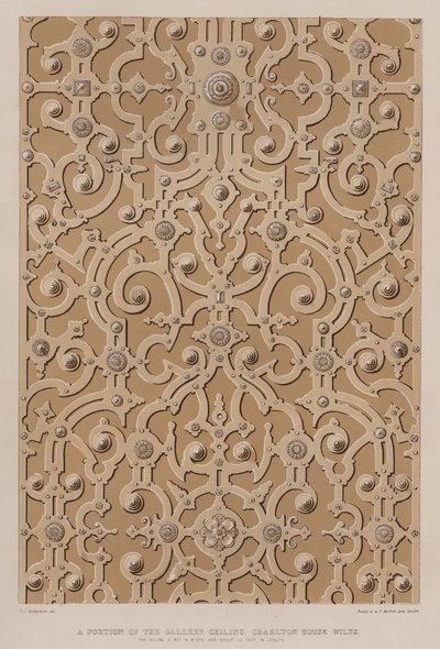 Część sufitu galerii, Charlton House, Wilts, sufit ma 17 stóp szerokości i około 115 stóp długości (kolor lito) autorstwa Charles James Richardson
