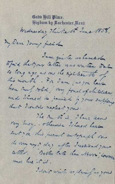 List do Francisa G. Waugha, 30 czerwca 1858 r. autorstwa Charles John Huffam Dickens