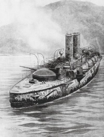 Hiszpański krążownik pancerny Oquendo po starciu morskim w 1898 r. (litografia) autorstwa Charles John de (after) Lacy